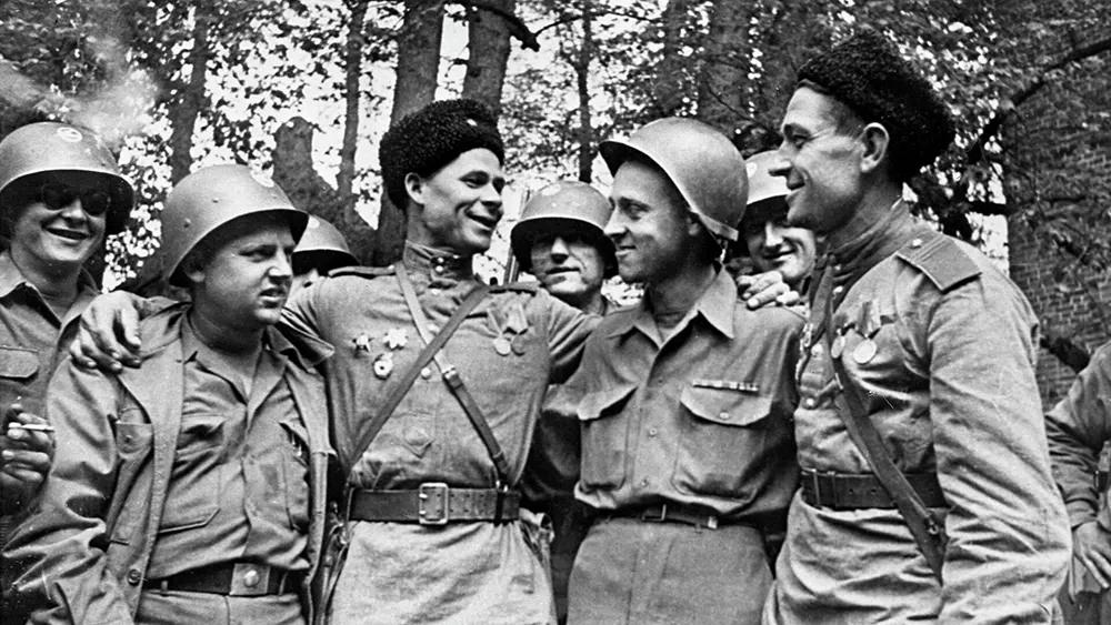 The Historic meeting of American and Soviet Troops on Elbe River in Germany in WWII