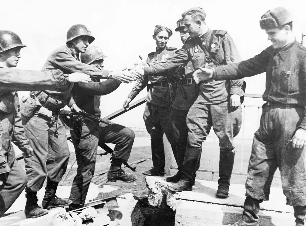 The Historic meeting of American and Soviet Troops on Elbe River in Germany in WWII