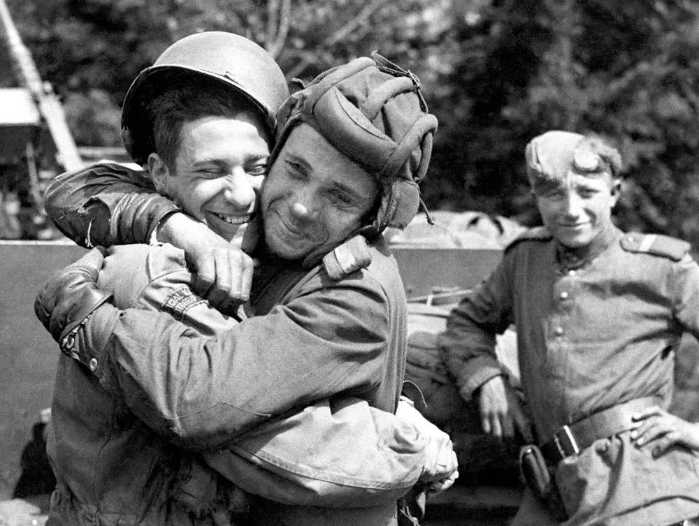 The Historic meeting of American and Soviet Troops on Elbe River in Germany in WWII