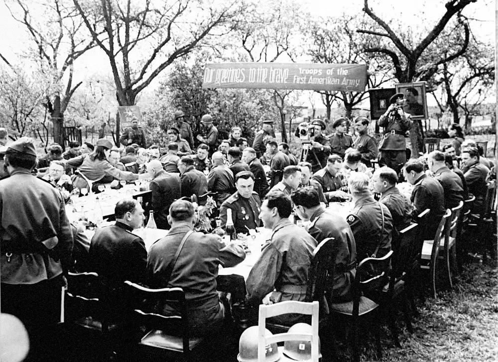 The Historic meeting of American and Soviet Troops on Elbe River in Germany in WWII