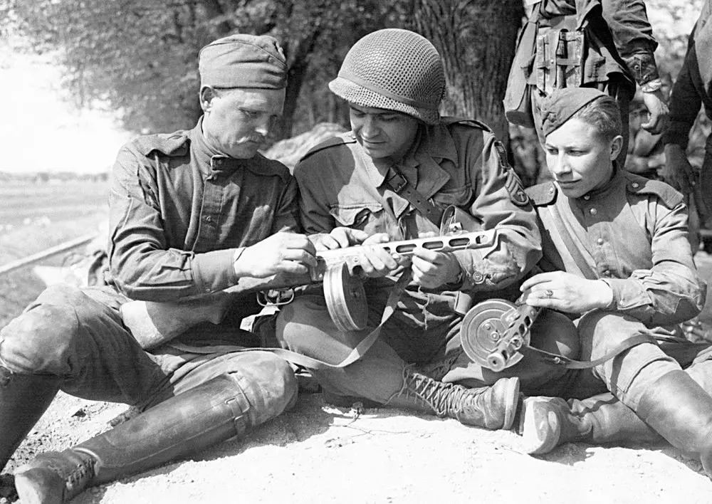 The Historic meeting of American and Soviet Troops on Elbe River in Germany in WWII