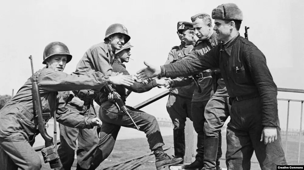 The Historic meeting of American and Soviet Troops on Elbe River in Germany in WWII