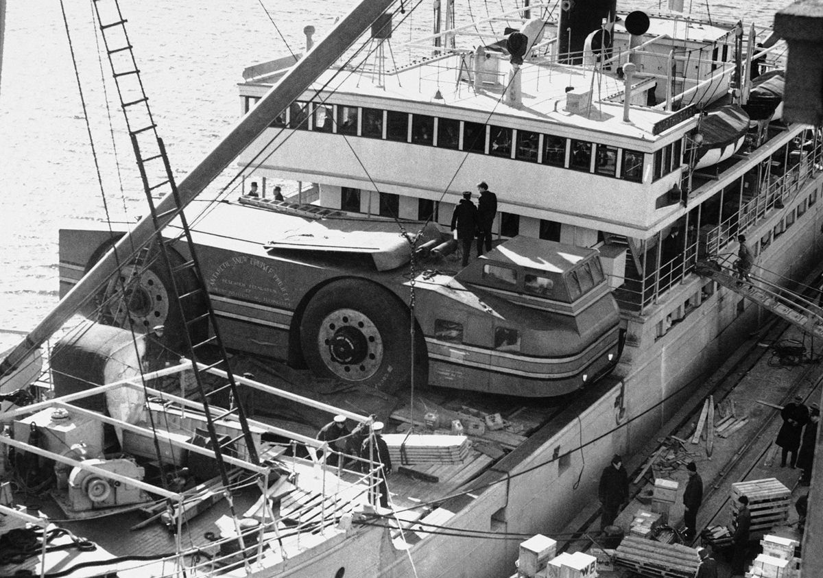 Richard Byrd’s giant snowmobile aboard the North Star in Boston on November 14, 1939.