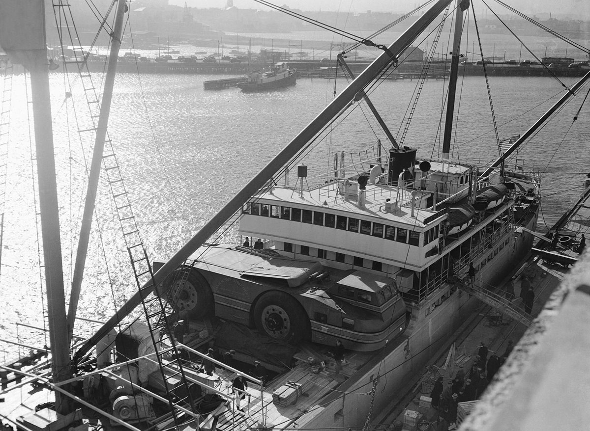Admiral Byrd’s snow cruiser protrudes two feet over the port rail despite its 10-foot tail being removed.
