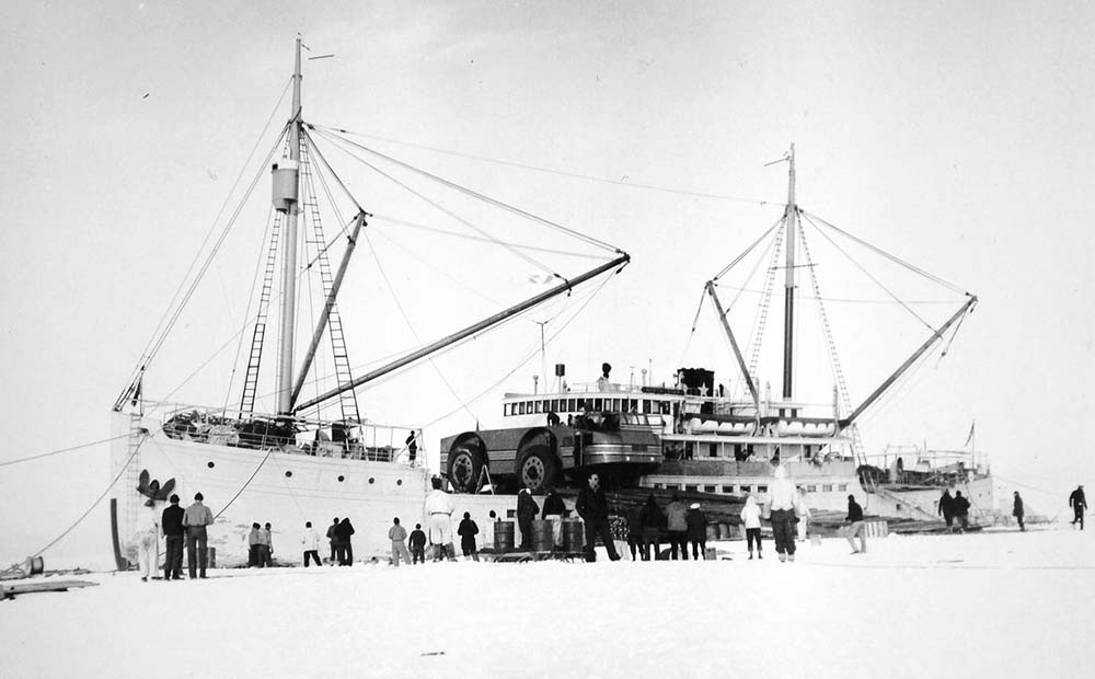 The North Star arrives in Antarctica, moored to ice in the Bay of Whales on January 15, 1940.