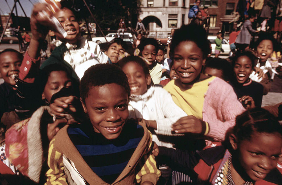 South Side group of children in a playground at 40th and Drexel Boulevard, October 1973.