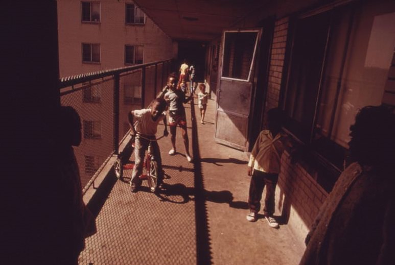Black residents on one of the balconies of the Robert Taylor Homes, a low-income highrise apartment building in Chicago.