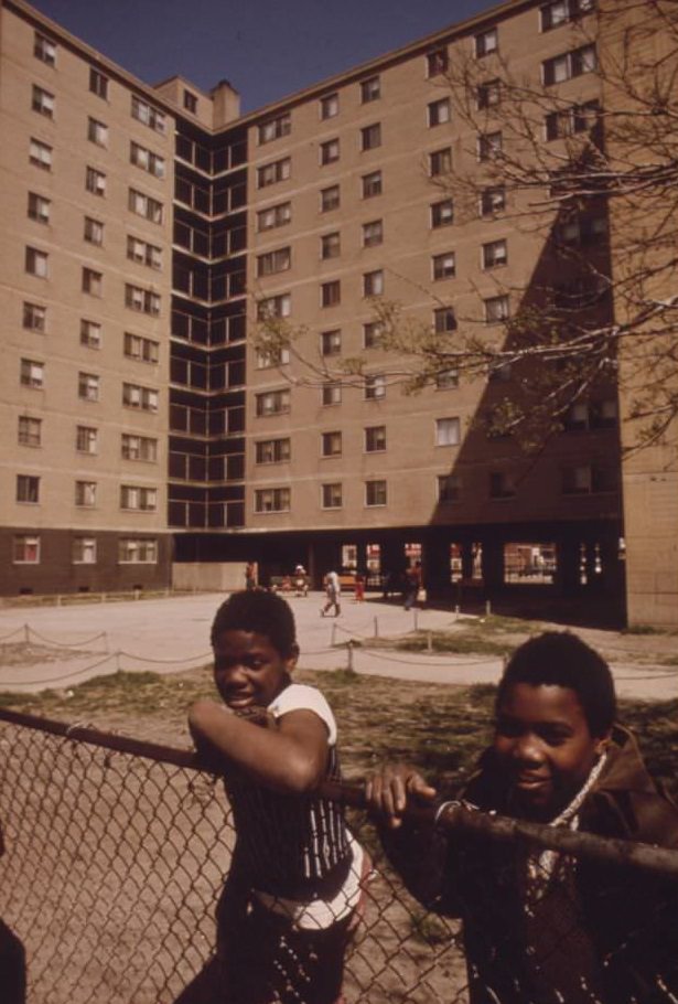 Black youngsters outside the Stateway Gardens Highrise Housing Project on Chicago’s South Side.
