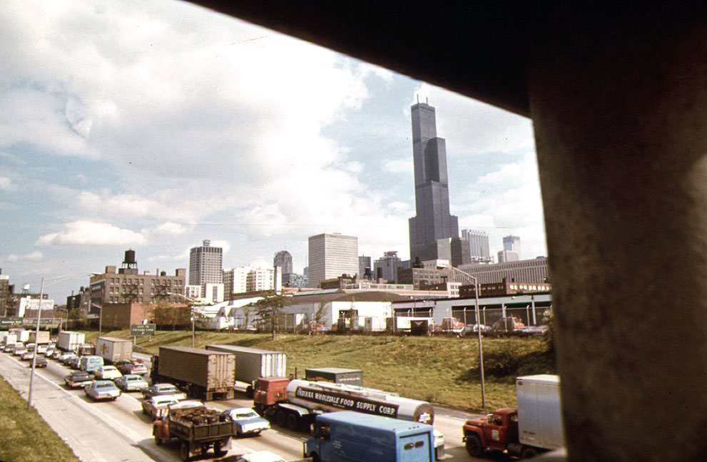 Heavy traffic on the Dan Ryan Expressway in Chicago, Illinois, October 1973.