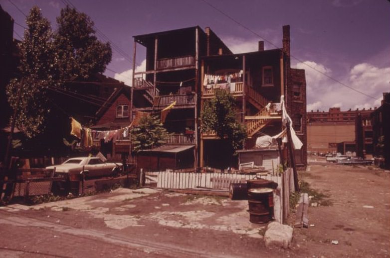 Black community older housing on Chicago’s West Side. This area in 1973 had not quite recovered from the riots and fires during the mid and late 1960’s.