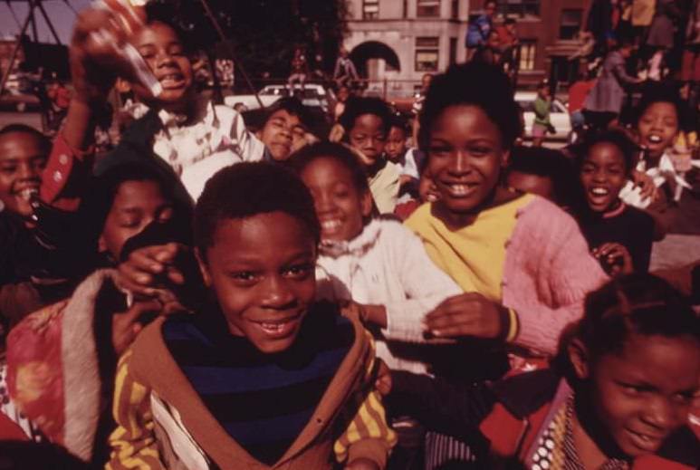 South Side group of Black children in Chicago at a playground at 40th and Drexel Boulevard.