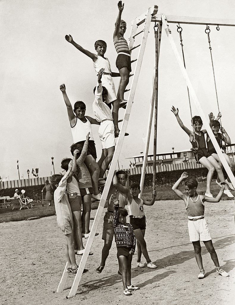 Society children crowd the open-air gymnasium at the new Deauville summer school, 31st July 1929