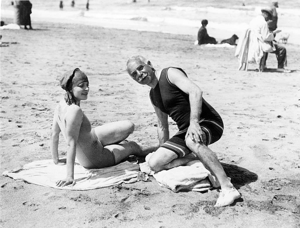 The banker Otto Kahn with a young woman on the beach at Deauville, 1922