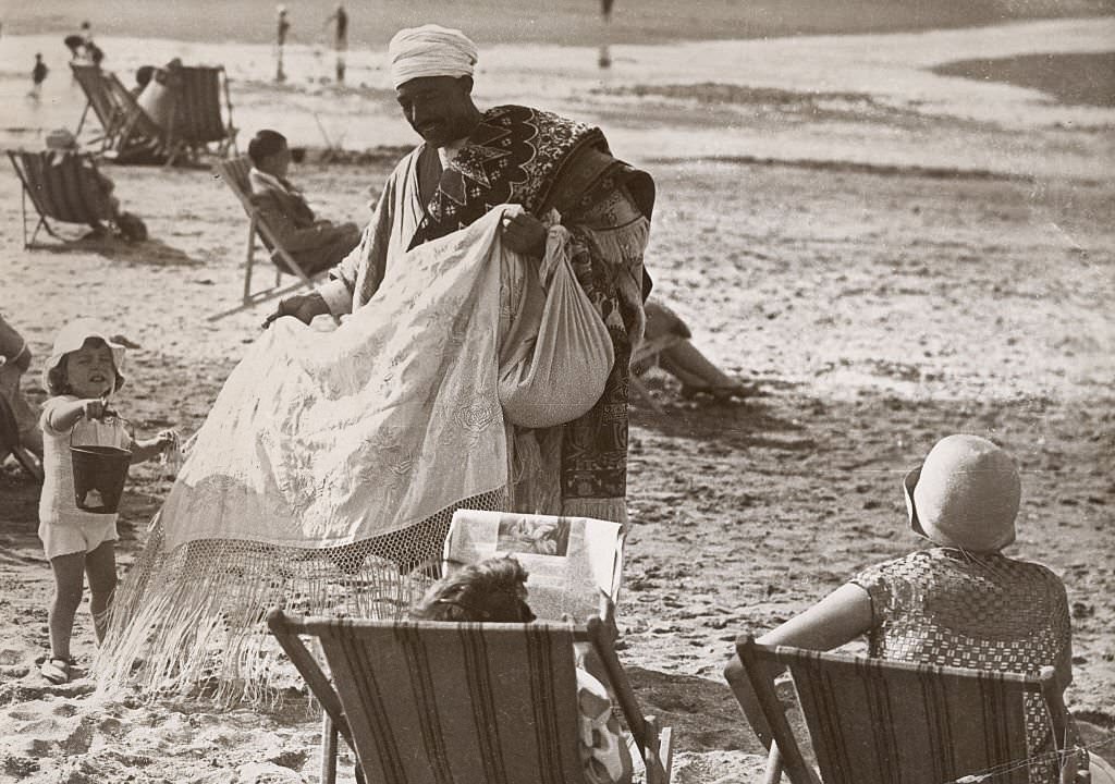 Carpet dealer on the beach of Deauville (Calvados, France), 1930