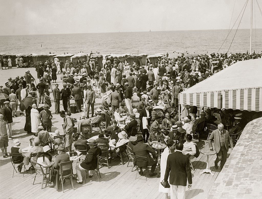 The crowded beach at Deauville during the holiday season, 1925.
