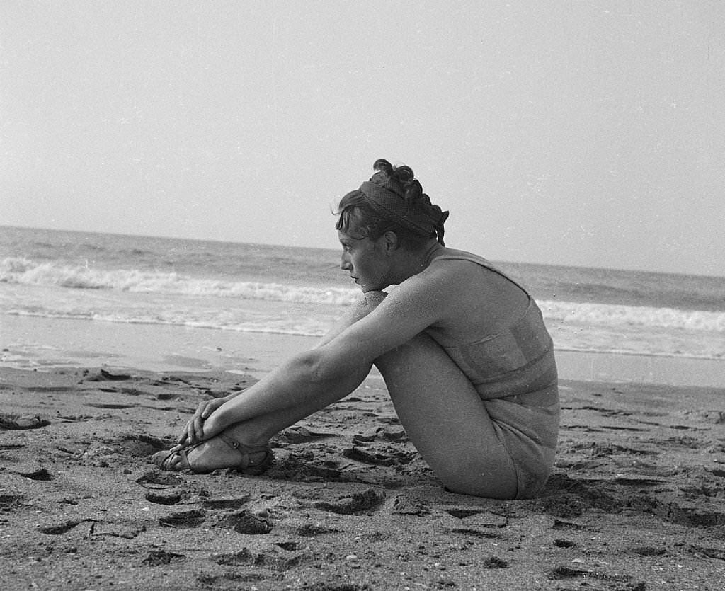 Bath costume on the beach of Deauville, 1937