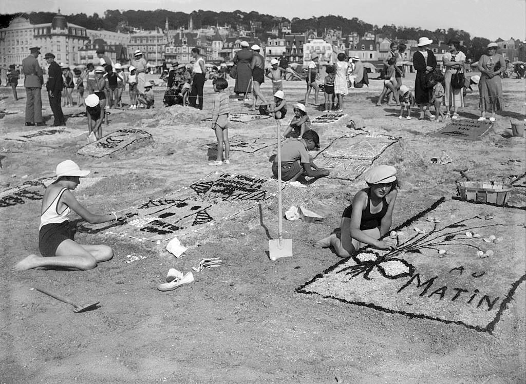 Contest of Sandworks on  the beach of Deauville, 1930s