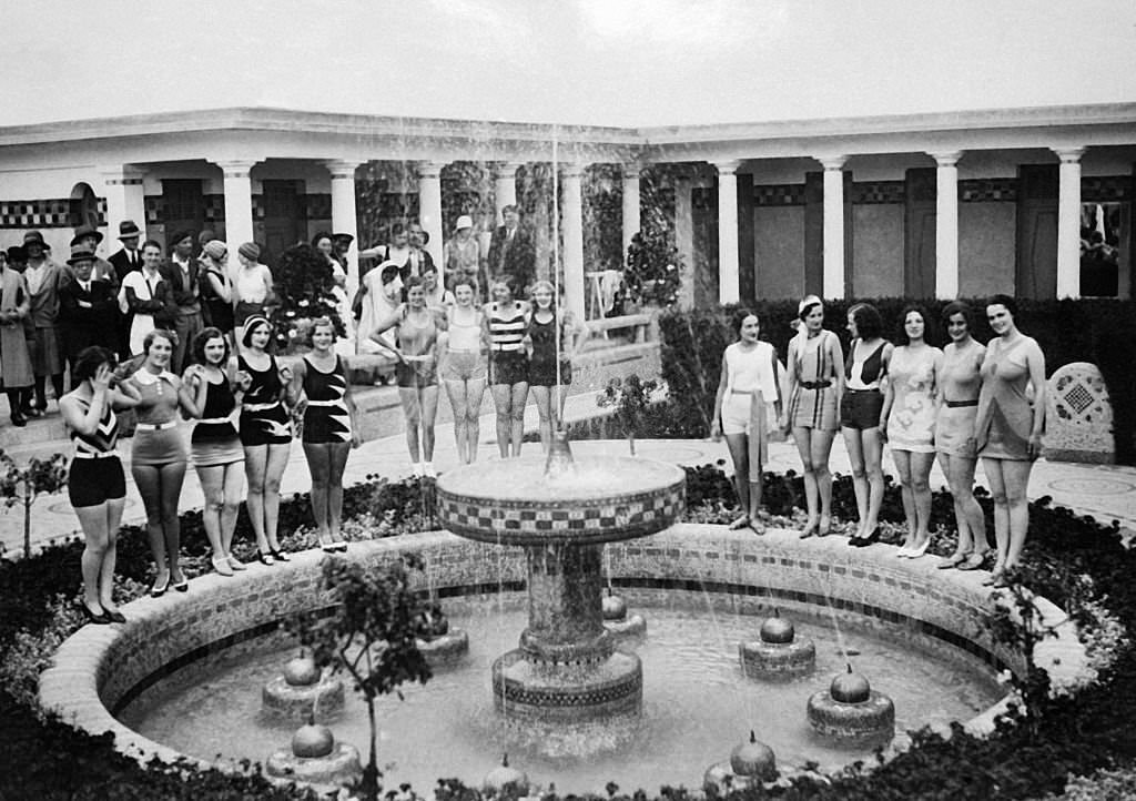 European Beauty Queens gathered at the antique beach bathhouse on July 27, 1930 in Deauville, France.