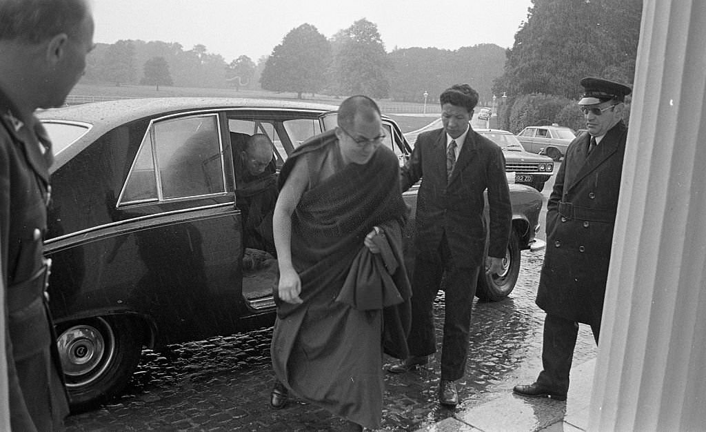 The Dalai Lama arrives at Aras an Uachtarain for a meeting with President Erskine Childers, Dublin, Ireland, October 10, 1973.