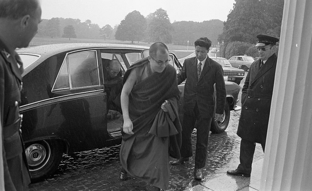 The Dalai Lama arrives at Aras an Uachtarain for a meeting with President Erskine Childers, Dublin, Ireland, October 10, 1973.