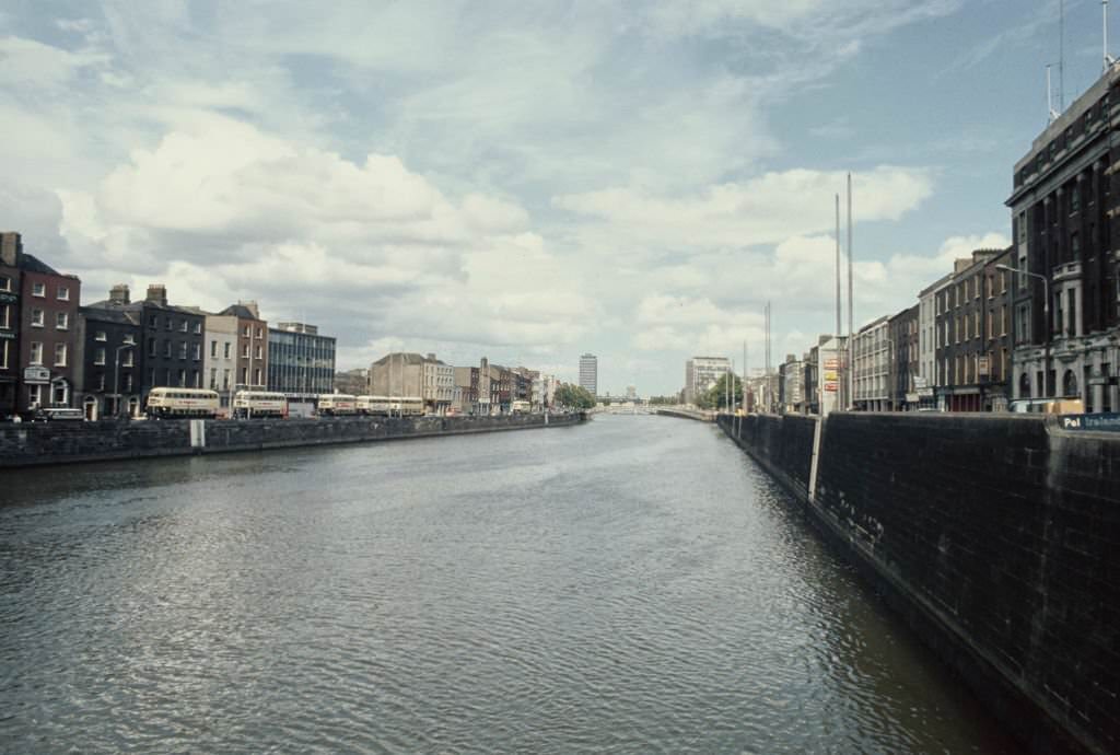 Views along the embankment of the River Liffey in downtown section, 1970s