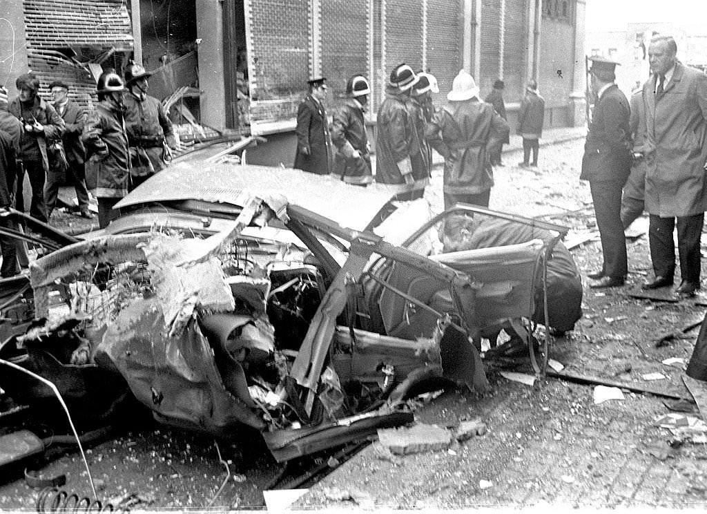 Scenes from the aftermath of the car bombing in Sackville Street (now O Connell Street) in Dublin, 1973