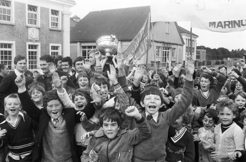 The Sam Maguire at Marino school following the Dublin team's success against Kerry in the 1976 All Ireland Final.