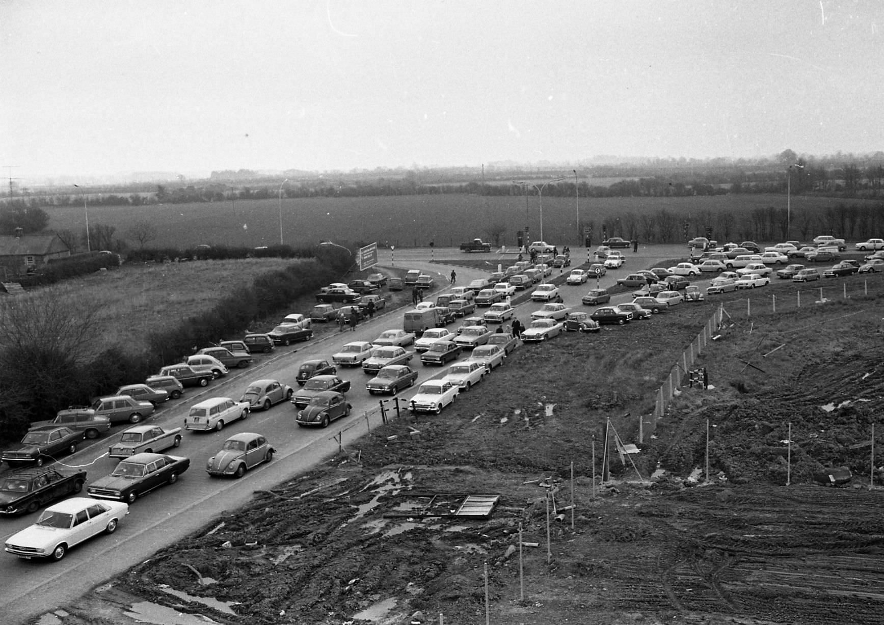 A view of a traffic jam in Dublin, circa March 1971