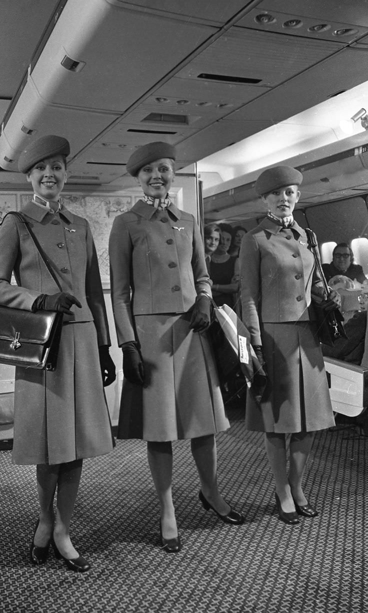 Flight hostesses modelling the new Aer Lingus flight hostesses uniform in March 1975