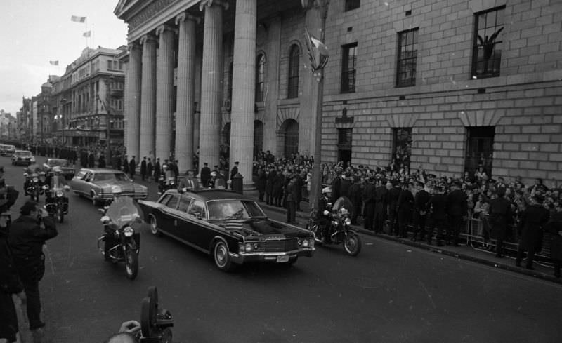 Former US President Richard Nixon's motorcade passes the GPO on O'Connell Street, October 1970.