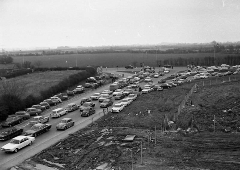 A view of a traffic jam in Dublin, March 1971.