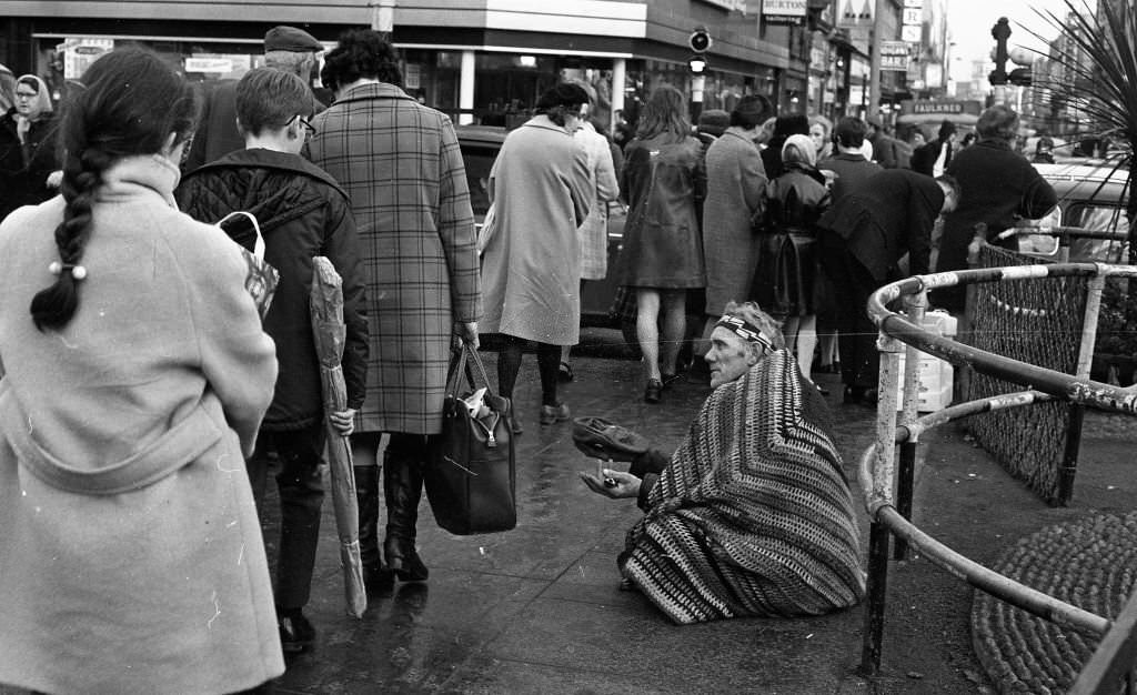 Native Musician Busking on O'Connell Street where Nelson's Pillar used to be, 1971