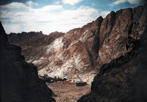 View of the Monastery of Saint Catherine amid granite peaks.