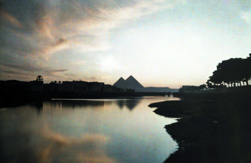 View of the pyramids at sunset.
