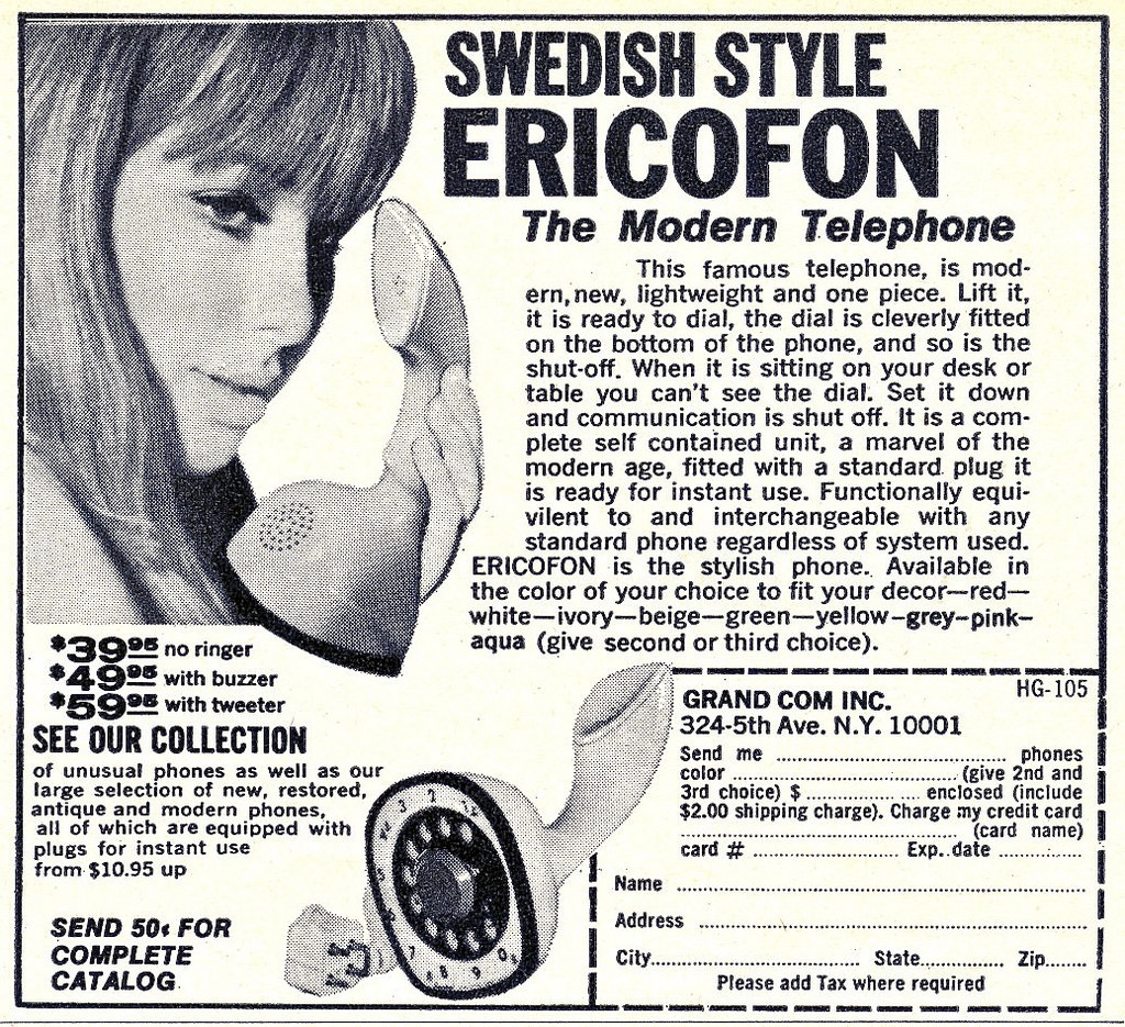 Vintage Ads of Ericofon: The Lightest One-Piece Rotary Dial Telephone introduced in the 1950s