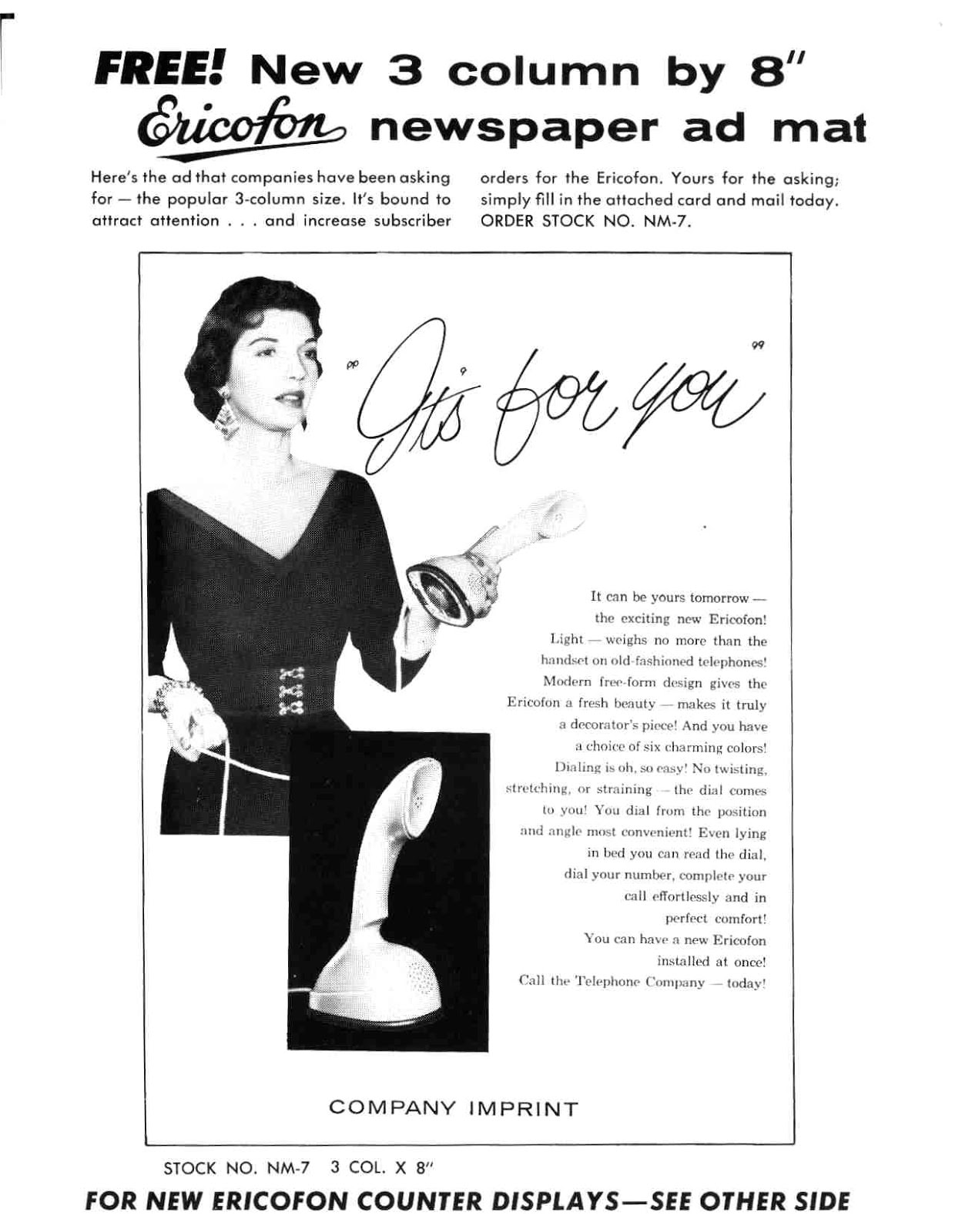 Vintage Ads of Ericofon: The Lightest One-Piece Rotary Dial Telephone introduced in the 1950s