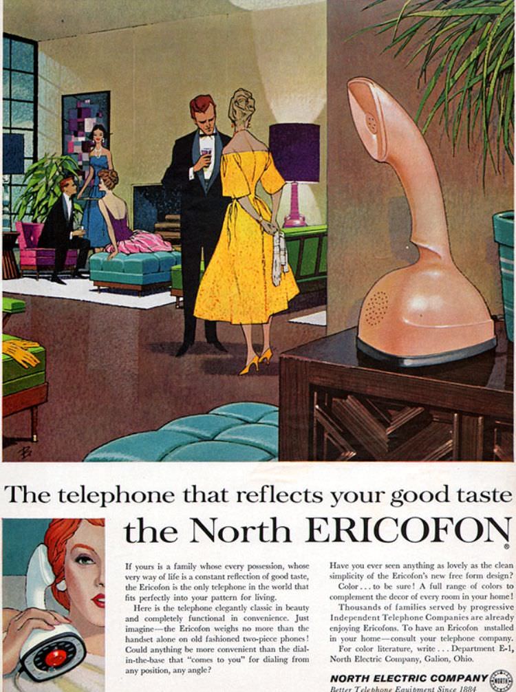 Vintage Ads of Ericofon: The Lightest One-Piece Rotary Dial Telephone introduced in the 1950s