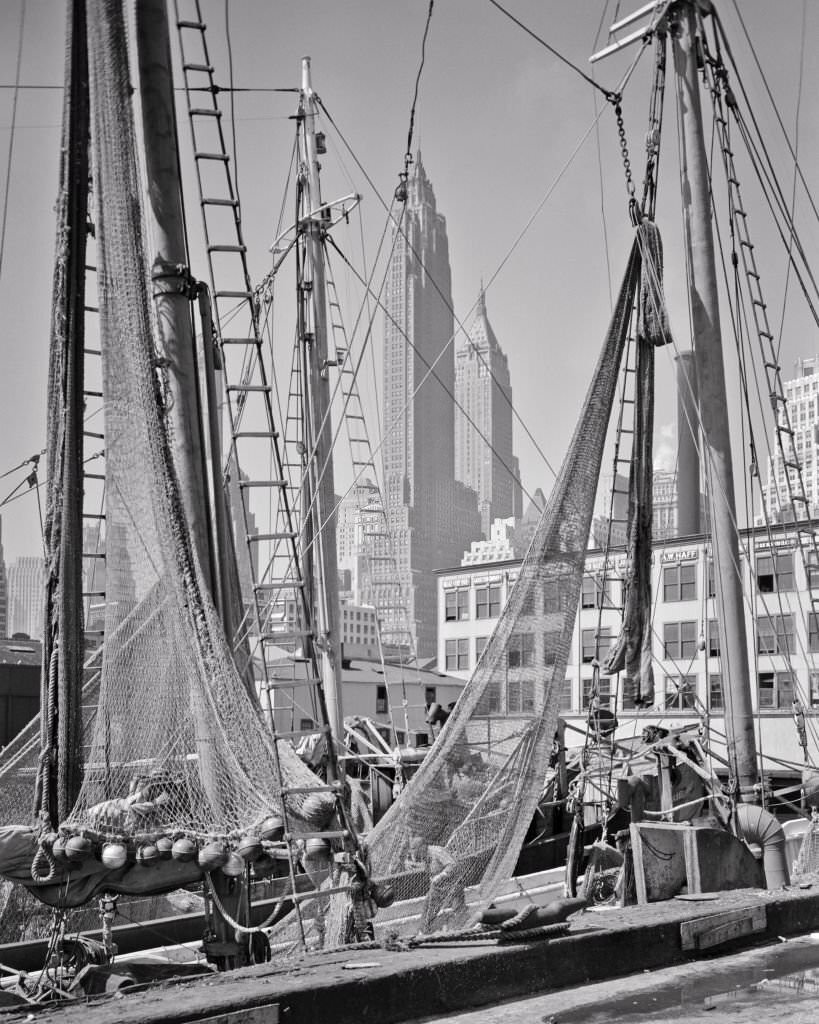 Midtown Skyscrapers seen through Fluton Fish Market, 1930s