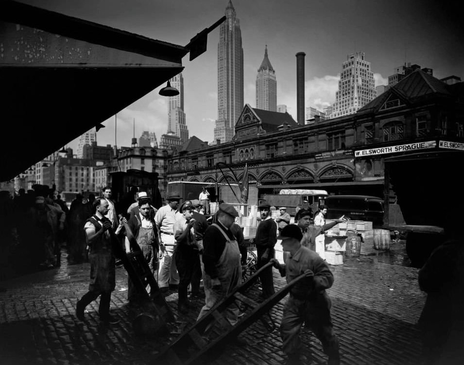 The Fulton Street Fish Market, New York City, 1935.