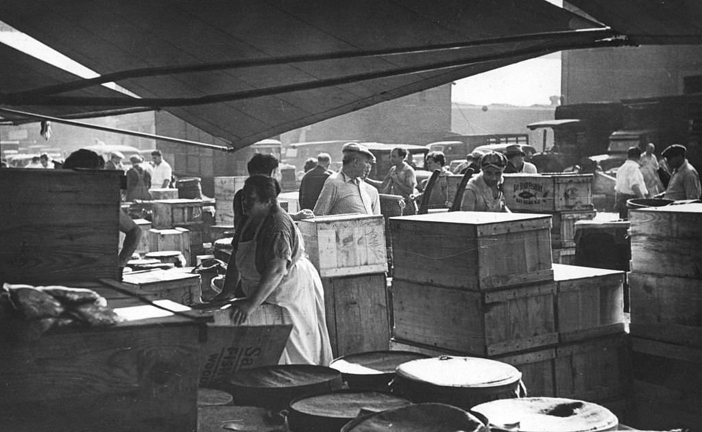 A glimpse of the Fulton Fish Market, located in the Bronx, 1940s