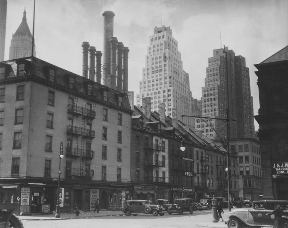 South Street from Fulton Fish Market, looking southwest, New York City, 1929.