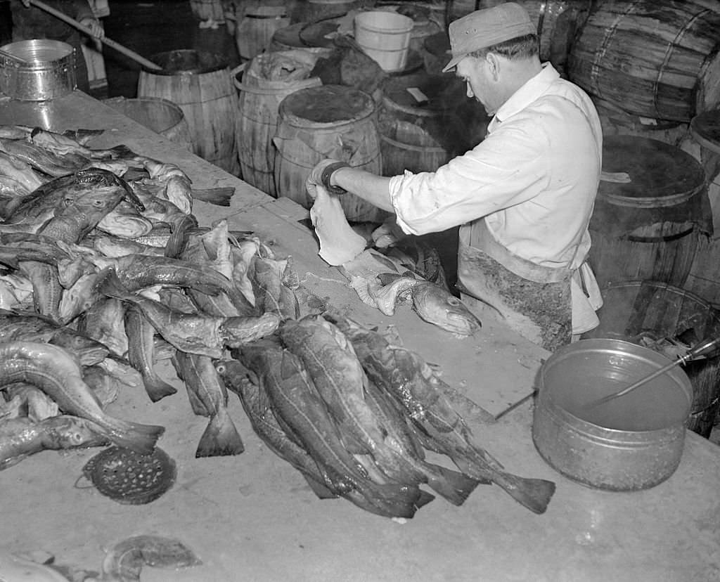 Interior with Employee Working in Fulton Fish Market, 1940s