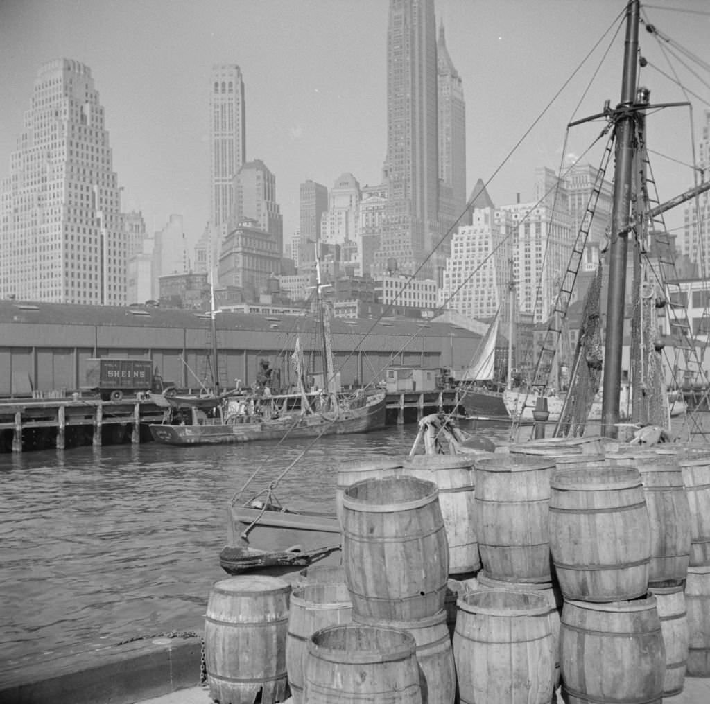 Barrels for loading fish at the Fulton fish market.