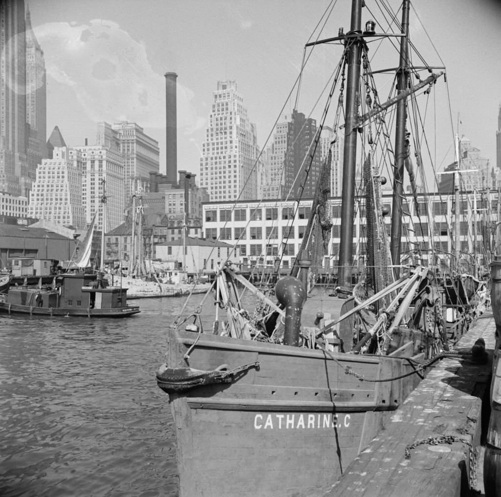 The New England fishing boat, the Catherine C, docked at the Fulton fish market.