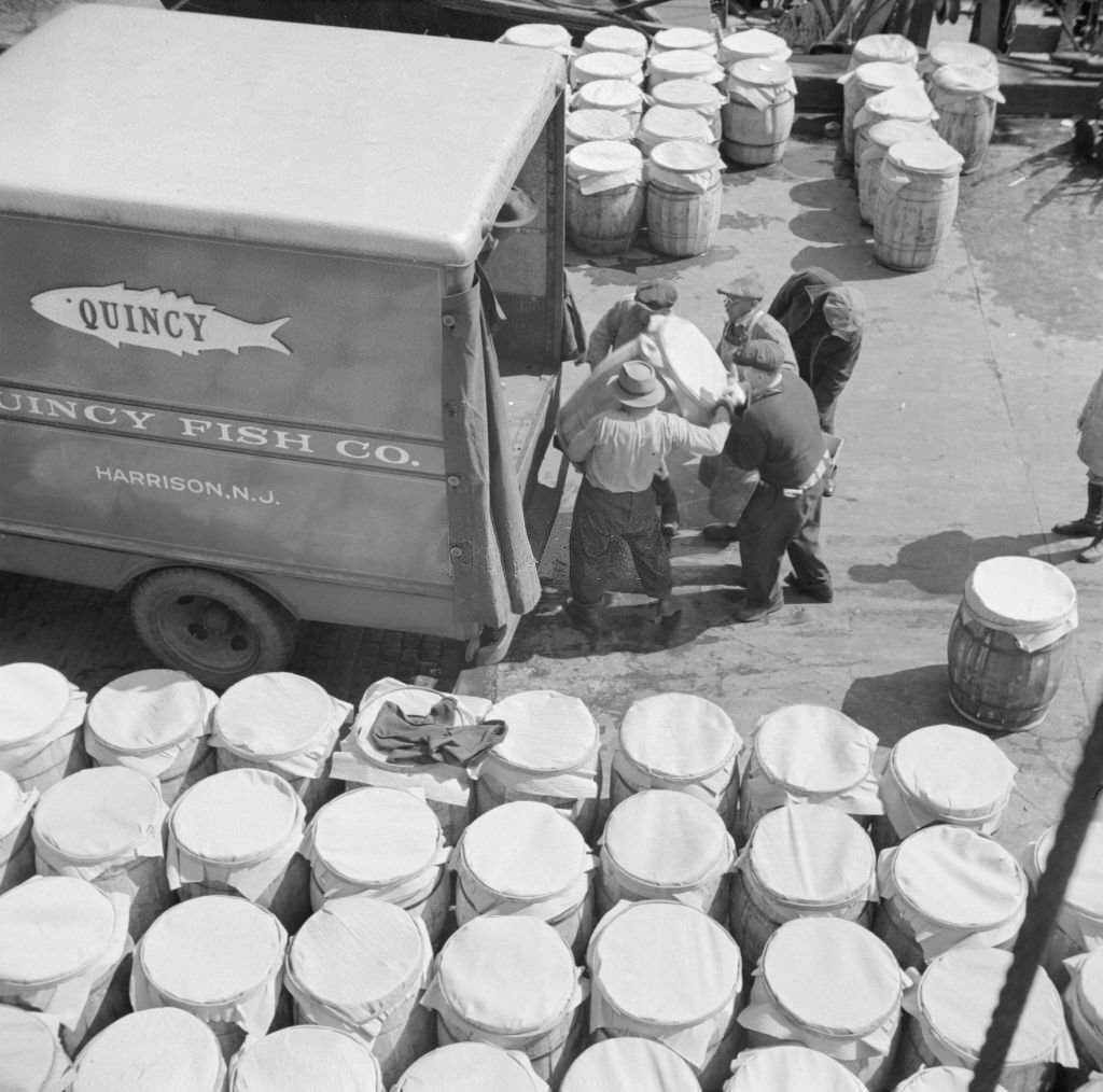 Barrels of fish on the docks at Fulton fish market ready to be shipped to retailers.