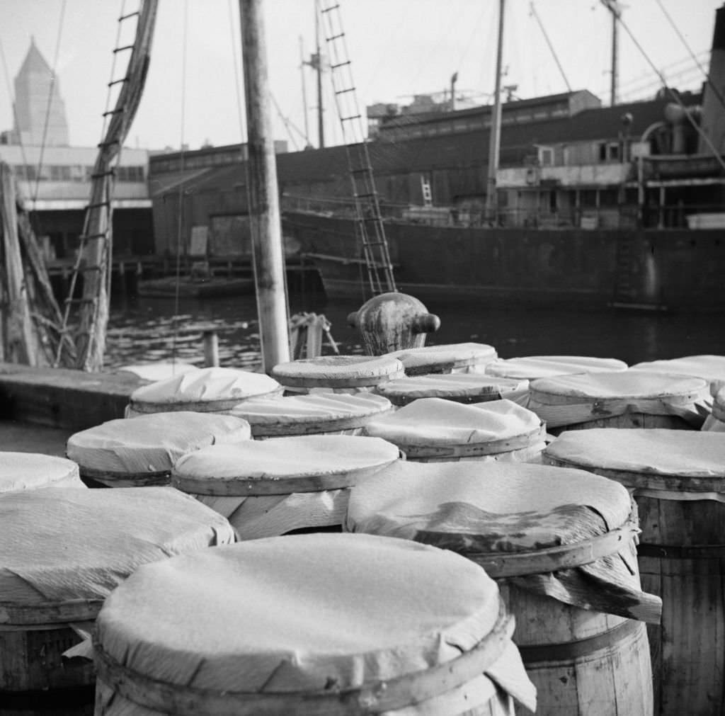 Barrels of fish on the docks at the Fulton fish market ready to be shipped to retailers.