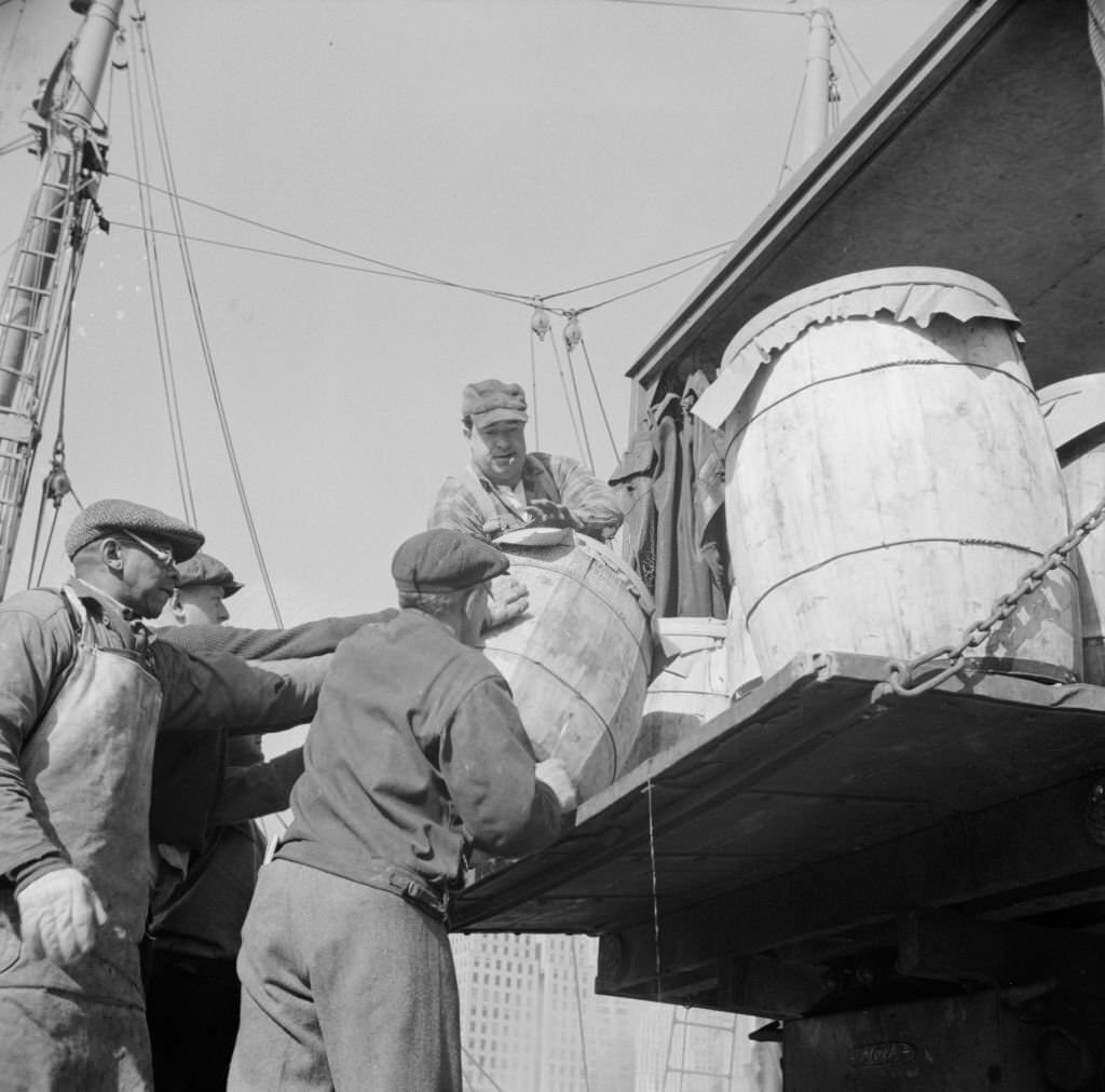 Dock worker at the Fulton fish market loading fish that have been caught in Gloucester, 1930s