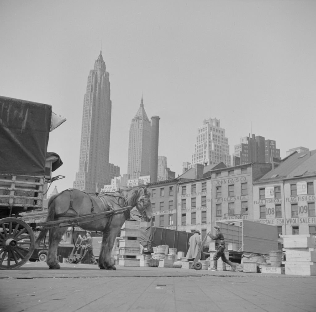 A scene at the Fulton fish market, 1920s