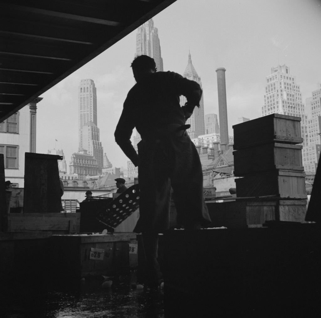 A scene at the Fulton fish market, 1934