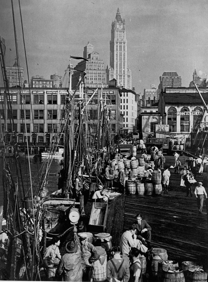 Fishers unload barrels of seafood onto the wharf to be sold at the Fulton Fish Market, 1910s